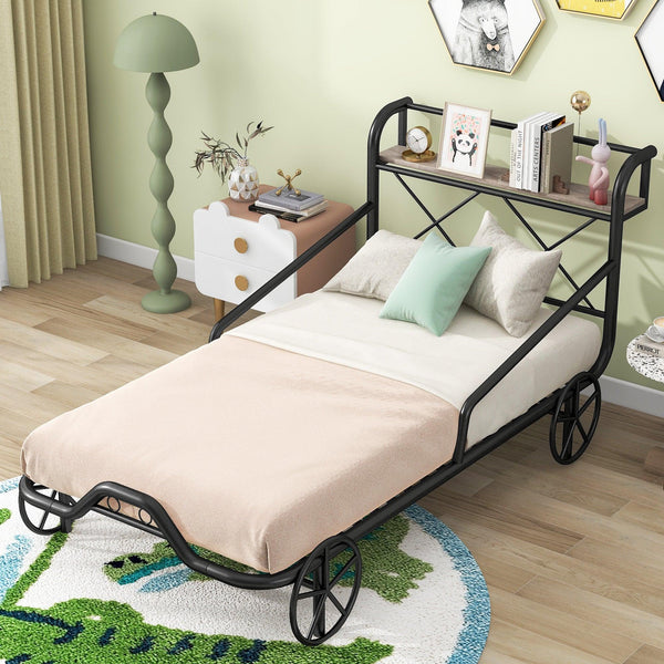 Twin Size Metal Car Bed with Four Wheels, Guardrails and X-Shaped Frame Shelf, Black(Old SKU: MF297599AAB) - Supfirm