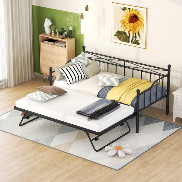 Twin Size Metal Daybed with Twin Size Adjustable Trundle, Portable Folding Trundle, Black - Supfirm