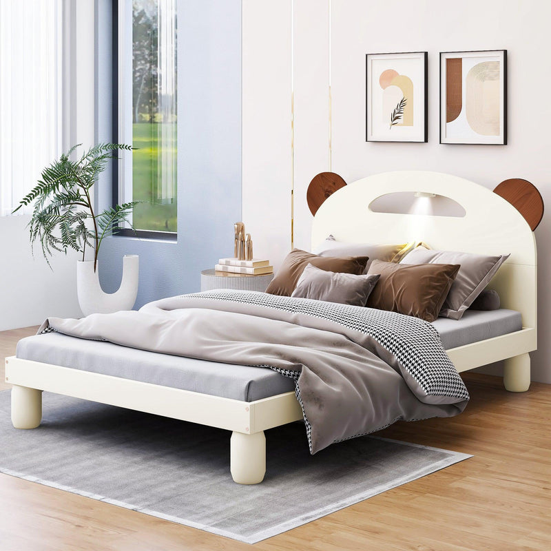 Twin Size Platform Bed with Bear Ears Shaped Headboard and LED, Cream White - Supfirm