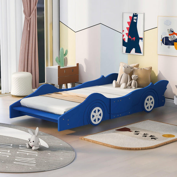 Twin Size Race Car-Shaped Platform Bed with Wheels,Blue - Supfirm