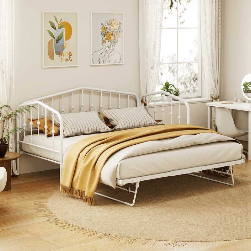 Twin Size Stylish Metal Daybed with Twin Size Adjustable Trundle, Portable Folding Trundle, White - Supfirm