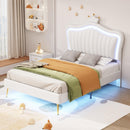 Twin Size Upholstered Bed Frame with LED Lights, Modern Upholstered Princess Bed With Crown Headboard,White - Supfirm