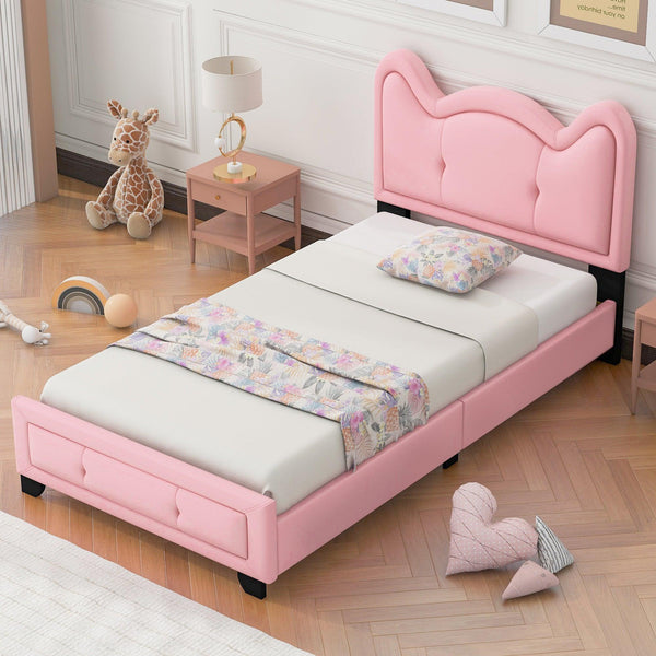 Twin Size Upholstered Platform Bed with Carton Ears Shaped Headboard, Pink - Supfirm