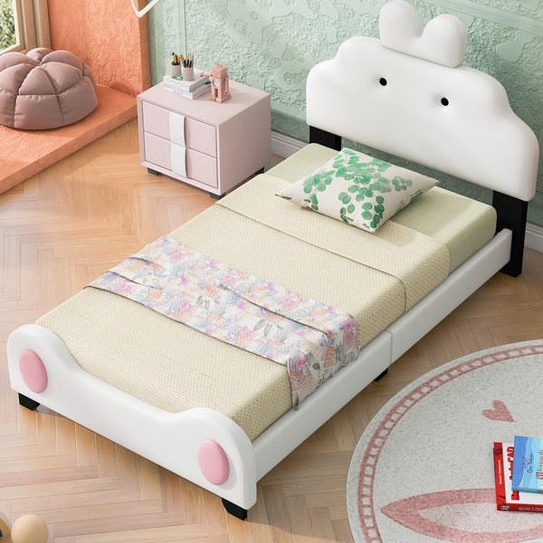 Twin Size Upholstered Platform Bed with Cartoon Headboard and Footboard, White+Pink - Supfirm