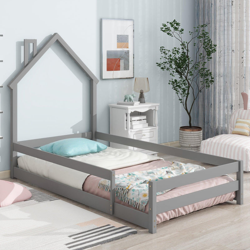 Twin Size Wood bed with House-shaped Headboard Floor bed with Fences,Grey - Supfirm