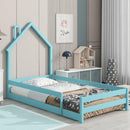 Twin Size Wood bed with House-shaped Headboard Floor bed with Fences,Light Blue - Supfirm