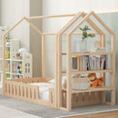 Twin Size Wood House Bed with Fence and Detachable Storage Shelves, Natural (Expected Arrival Time: 1.7) - Supfirm