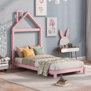 Twin Size Wood Platform Bed with House-shaped Headboard (Pink) - Supfirm