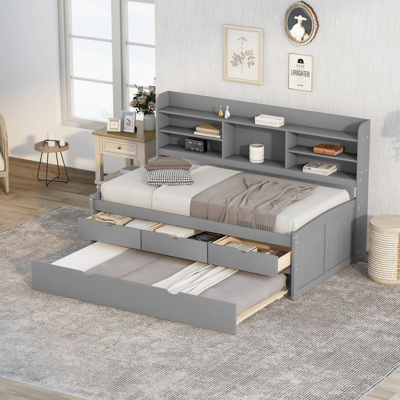 Twin Size Wooden Captain Bed with Built-in Bookshelves,Three Storage Drawers and Trundle,Light Grey - Supfirm