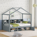 Twin Size Wooden House Bed with Shelves and a Mini-cabinet, Gray - Supfirm