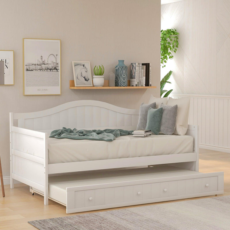 Supfirm Twin Wooden Daybed with Trundle Bed, Sofa Bed for Bedroom Living Room,White - Supfirm