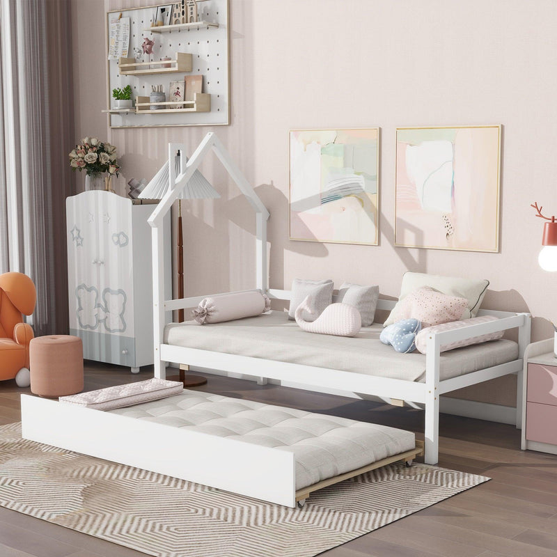 Twin Wooden Daybed with trundle, Twin House-Shaped Headboard bed with Guardrails,White - Supfirm