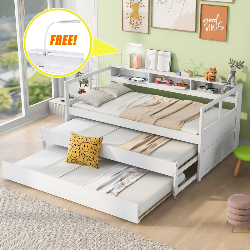 Twin XL Wood Daybed with 2 Trundles, 3 Storage Cubbies, 1 Light for Free and USB Charging Design, White - Supfirm