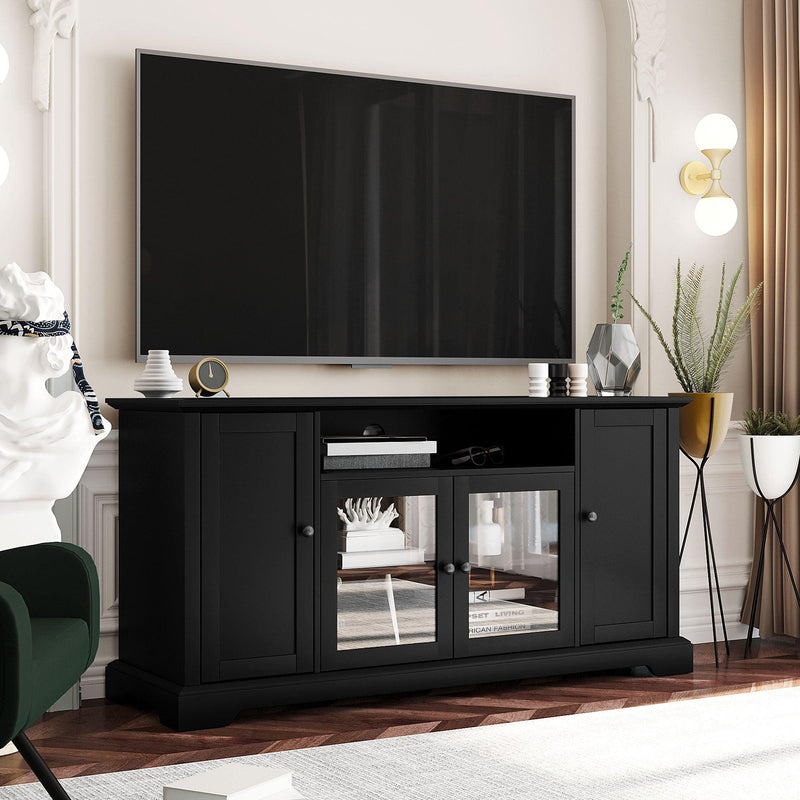 U-Can TV Stand for TV up to 65in with 2 Tempered Glass Doors Adjustable Panels Open Style Cabinet, Sideboard for Living room, Black - Supfirm