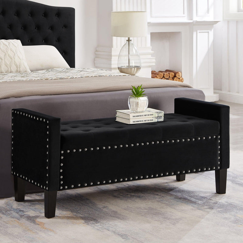 Upholstered Tufted Button Storage Bench with nails trim,Entryway Living Room Soft Padded Seat with Armrest,Bed Bench-Black - Supfirm