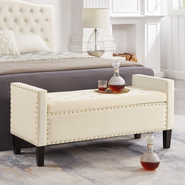 Upholstered Tufted Button Storage Bench with nails trim,Entryway Living Room Soft Padded Seat with Armrest,Bed Bench - Cream - Supfirm