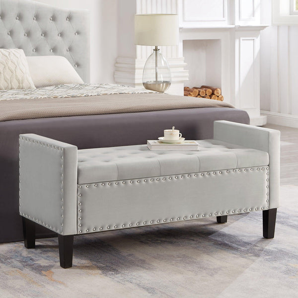 Upholstered Tufted Button Storage Bench with nails trim,Entryway Living Room Soft Padded Seat with Armrest,Bed Bench-Gray - Supfirm