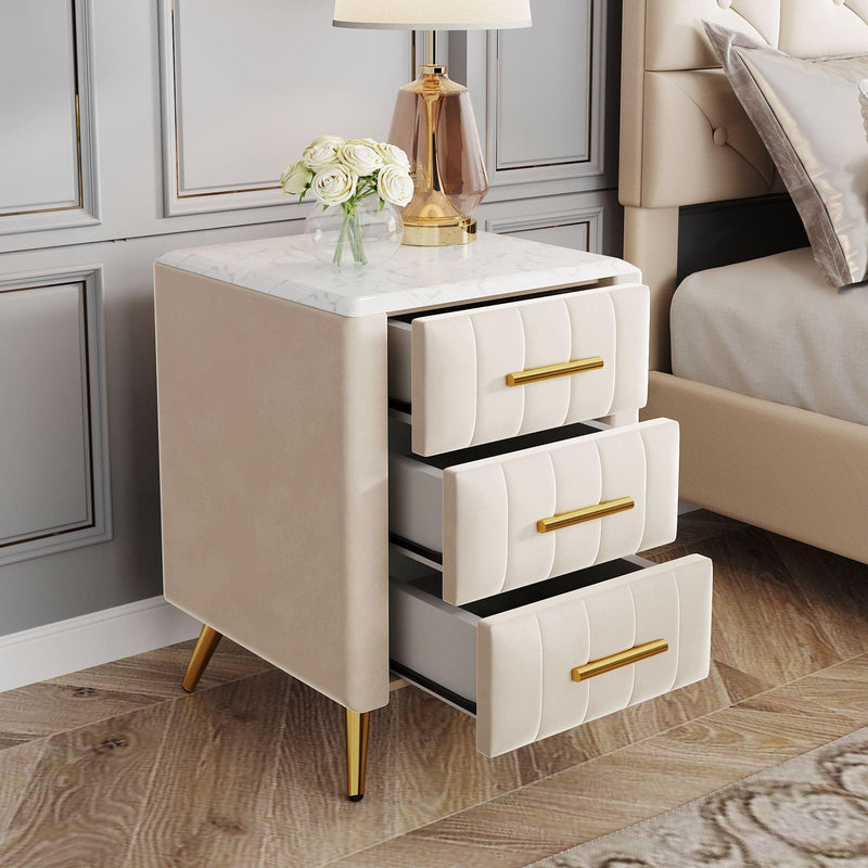 Upholstered Wooden Nightstand with 3 Drawers and Metal Legs&Handles,Fully Assembled Except Legs&Handles,Bedside Table with Marbling Worktop - Beige - Supfirm