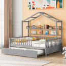 Wooden Full Size House Bed with Twin Size Trundle,Kids Bed with Shelf, Gray - Supfirm