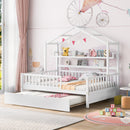 Wooden Full Size House Bed with Twin Size Trundle,Kids Bed with Shelf, White - Supfirm