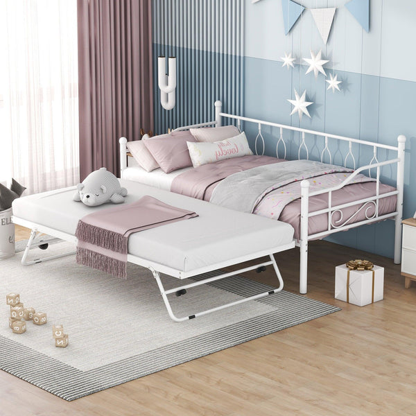 Twin Size Metal Daybed with Twin Size Adjustable Trundle, Portable Folding Trundle, White - Supfirm